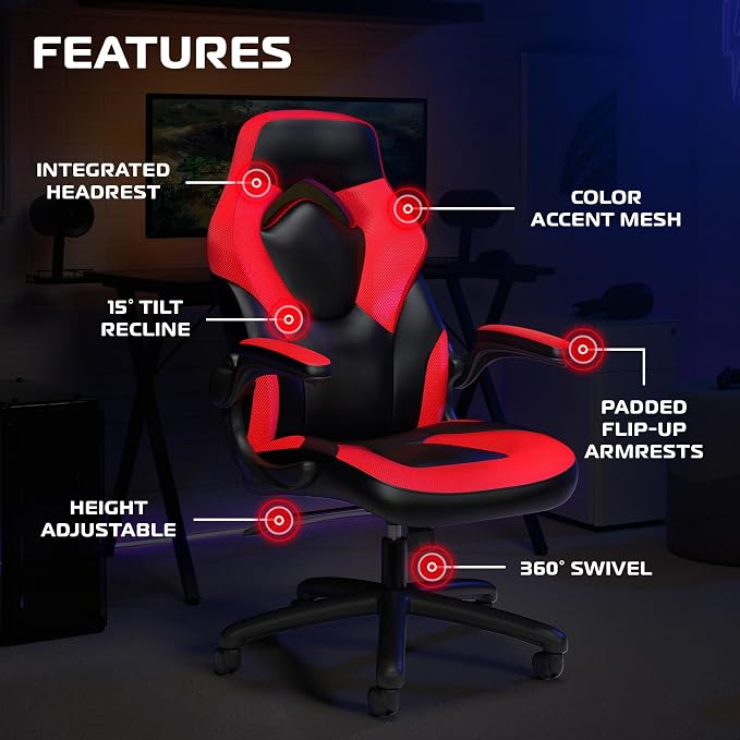 RESPAWN 3085 Ergonomic Gaming Chair for Adults, High Back Office Chair with Headrest and Flip Up Arms, Leather Racing Style Gaming Seat with Lumbar Support, Video Game Computer Desk Seat - Red