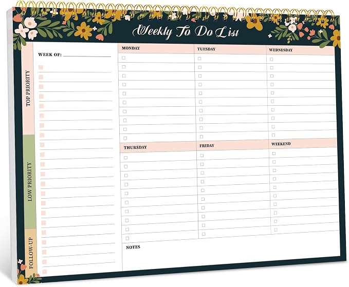 Taja Weekly To Do List Notepad with 52 Undated Sheets（8.5"×11"）- Weekly Desk Planner for Women & Man, Work and Home - 1 Pack Rustic Floral