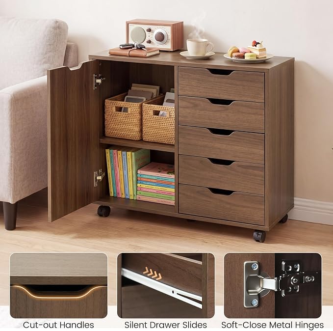 Giantex 5-Drawer File Cabinet with Wheels, Wooden Rolling Lateral Filing Cabinet with Door and Adjustable Shelf, Chest of Drawers, Mobile Printer Stand Organizer for Home Office and Bedroom (Coffee)