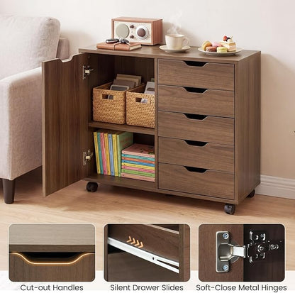 Giantex 5-Drawer File Cabinet with Wheels, Wooden Rolling Lateral Filing Cabinet with Door and Adjustable Shelf, Chest of Drawers, Mobile Printer Stand Organizer for Home Office and Bedroom (Coffee)