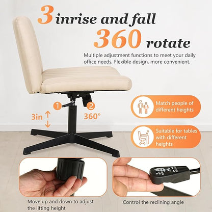 FDW Criss Cross Chair Armless Cross Legged Office Desk Chair Adjustable Swivel Ergonomic Desk Chair No Wheels U Shaped Backrest with Wide Seat Native Sponge Computer Task Vanity Chair for Home Office