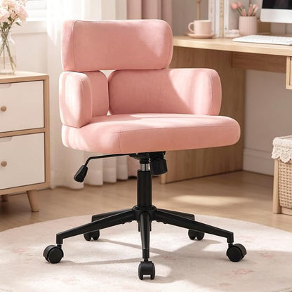 Home Office Chair with Unique Curved Back, Cute Pink Upholstered Wide Seat Desk Chair with Wheels,Swivel Tilt & Height Adjustable, Plush Velvet Fabric Matel Base for Home Office Vanity, Pink
