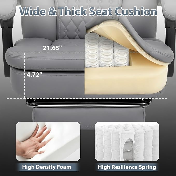 PRETZI Executive Office Chair 400LBS, Ergonomic Office Chair with Foot Rest, Heavy Duty Desk Chair for Home Office, Reclining High Back PU Leather Computer Chair Comfy, Gray