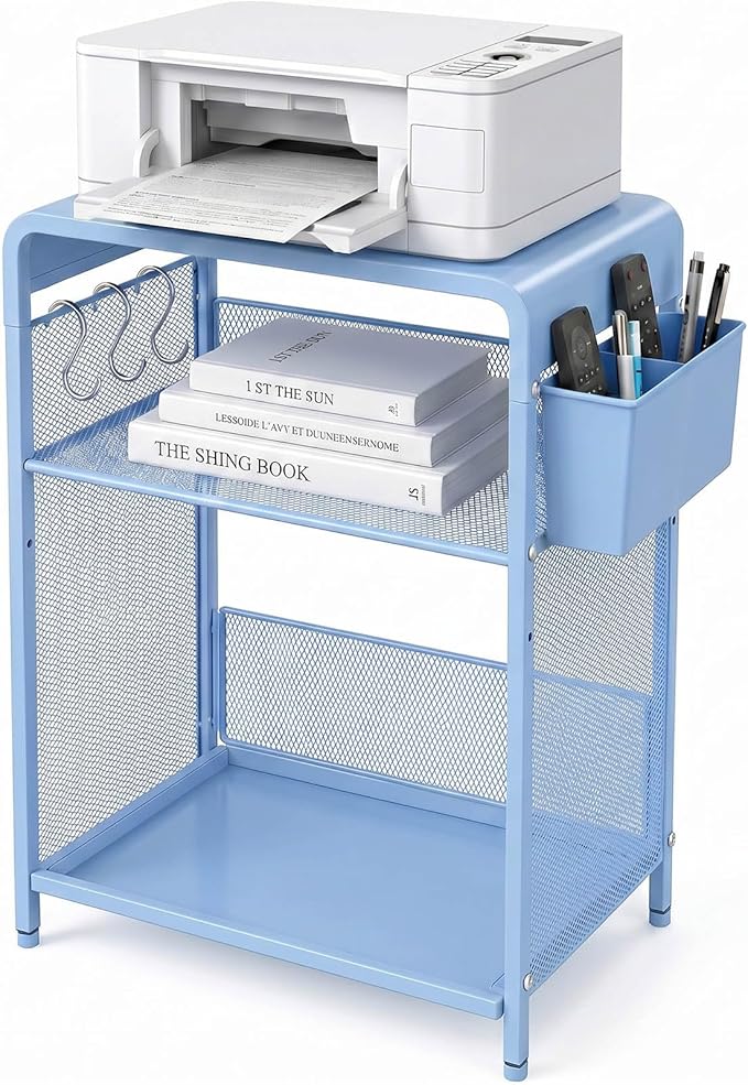 ECOLOVI 3 Tier Printer Stand for Under Desk, Height Adjustable Shelf Small Printer Table with 3 S-Hooks & Basket, Heavy Duty Industrial Storage Shelf for Home Office (Blue Metal)