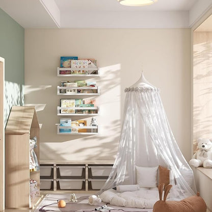 Onlysky Set of 4 Wall-Mounted Kid's Bookshelf - White Floating Nursery Book Shelves - Durable Wood Construction - Ideal for Nursery Decor, Kids Room, Toy Storage