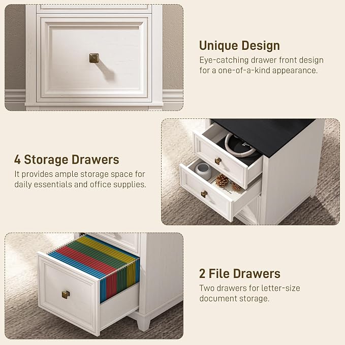 Vabches Farmhouse L Shaped Executive Desk with 6 Drawers, 59’’ Wood Home Office Desk with File Cabinet, Writing Corner Computer Desk for Home Office, Work, Study, White and Black