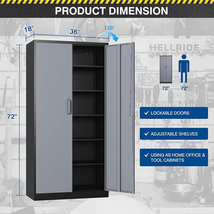 Fesbos Metal Storage Cabinet-72” Tall Steel File Cabinets with Lockable Doors and 5 Adjustable Shelves-Black&Gray Steel Storage Cabinet for Home, School, Office, Garage