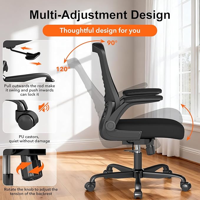 Ergonomic Office Chair – Comfy Mesh Desk Chair with Flip-Up Armrests & Smooth-Rolling Caster, Adjustable Height Home Computer Chair, Breathable & Supportive for Long Hours Sitting