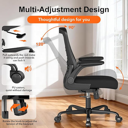 Ergonomic Office Chair – Comfy Mesh Desk Chair with Flip-Up Armrests & Smooth-Rolling Caster, Adjustable Height Home Computer Chair, Breathable & Supportive for Long Hours Sitting