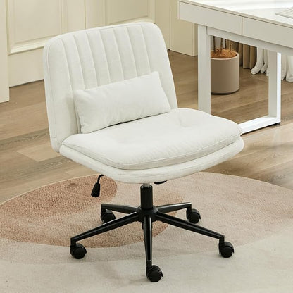 IPKIG Criss Cross Chair, Small Armless Desk Office Computer Chair with Wheels and Lumbar Pillow, Comfy Adjustable Swivel Task Vanity Chair Chenille, White