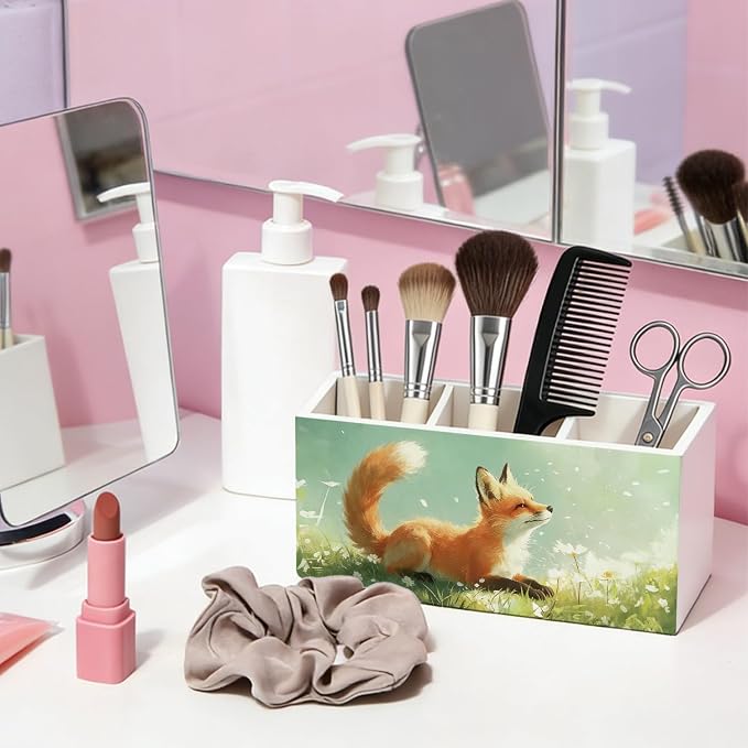 Fox Pen Pencil Holder for Desk, Fox Gifts for Women Men, Animal Lovers Gifts, Rustic Wildflower Wild Animal Wooden Box Sign Decorations for Kids Room Bedroom Home Office Desk Tabletop