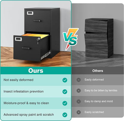 SISESOL 2 Drawer File Cabinet with Lock,Narrow Vertical Filing Cabinet,Under Desk File Cabinets,Black Metal File Cabinets for Home Office,Fit Letter/A4/Legal Size File, Easy Assembly