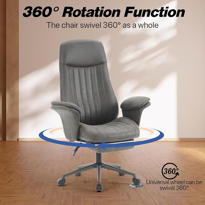 Home Office Ergonomic Chair with Footrest, Modern Luxury Faux Suede Leather Chairs, Comfy High Back Computer Swivel Rolling Task Armchair for Executive, Grey Color