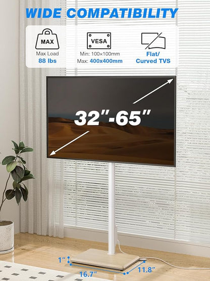Rfiver Swivel Floor TV Stand with Power Outlet for 32-65 inch TVs, Height Adjustable Tall TV Stand with Wood Base, Hold Up to 88lbs, Saving Space Design for Bedroom, Living Room and Corner (White)