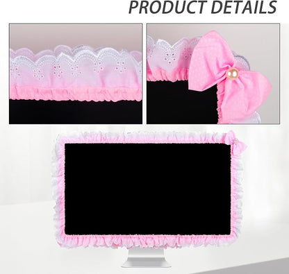 32"-38" Lovely Cute Computer Monitor Cover with Lovely Cute Elastic Pen Pocket Bow-knot TV LCD Screen Monitor Decoration Dust Cover Protector, Lace Fabric- Pink