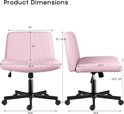 PUKAMI Criss Cross Chair,Comfy Cross Legged Office Desk Chair No Wheels,Modern Fabric Swivel Adjustable Height Mid Back Wide Seat for Home Office Computer (Pink with Wheels)