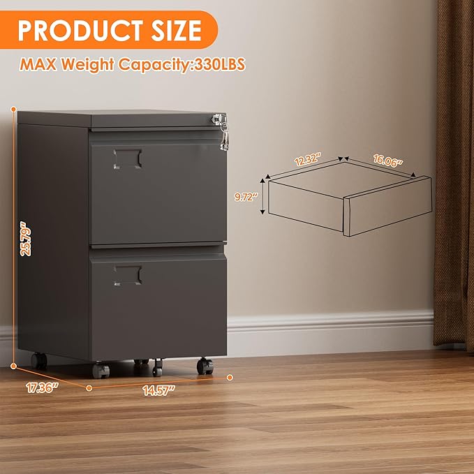Aobabo 2 Drawer Metal File Cabinet with Lock, Black | Rolling metal cabinet for letter/legal files, under-desk storage, home offices, and business workspaces.