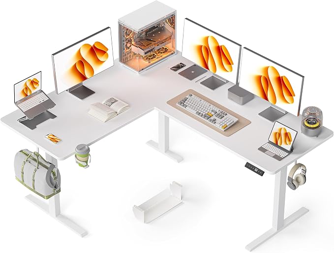 WALKINGDESK 63x55 Inches Reversible L Shaped Standing Desk, Height Adjustable With Cup Holder, Electric Corner Computer Workstation, Sit Stand up Home Office, Standing Desk with Cable Management White