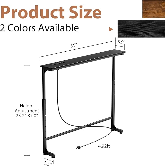 GRLEAF 35" Adjustable Height Narrow Console Table with Power Outlets, Long Sofa Table with Charging Station Behind Couch Table Skinny Entryway Table for Living Room, Hallway and Office – Black