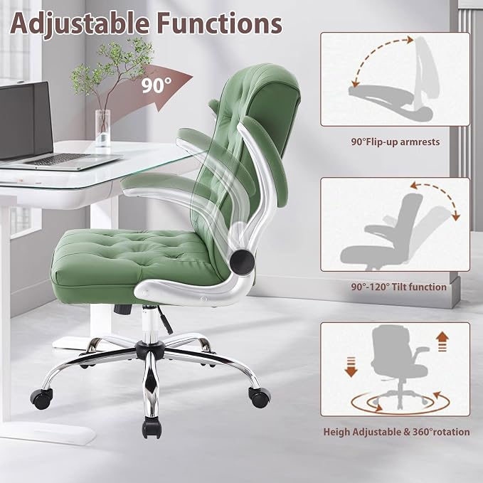 Mid-Back Office Chair, Modern Leather Ergonomic Executive Desk Chair with Flip Up Arm, Mid Century Swivel Task Chair, Small Rocking Computer Chair with Wheels for Home Office Meeting Room