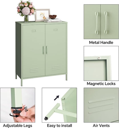 Steehoom Metal Cabinet with 2 Door, Metal Locker Storage Cabinet with Adjustable Shelves Accent Cabinet for Garage, Entryway, Office, School, Employees (Green, H35.43'')