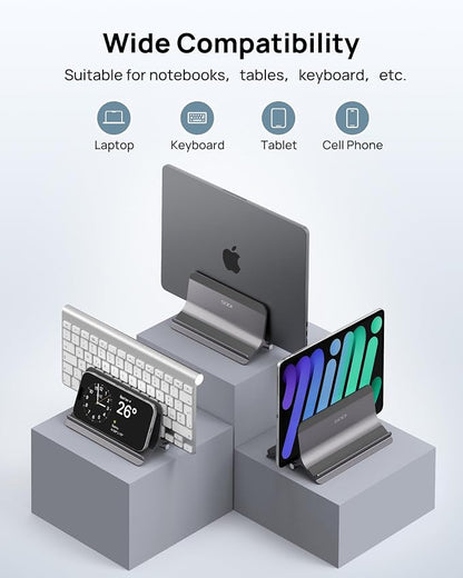 SODI Vertical Laptop Stand for Desk, Aluminum Laptop Holder Compatible with MacBook Pro, MacBook Air Stand Up to 17 inch, Gravity Auto-Lock Cooling, 3in1 Space Saving Desk Organizer Accessories, Gray