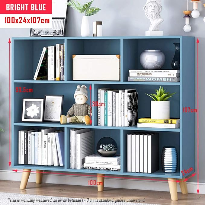 IOTXY Wooden Open Shelf Bookcase - 3-Tier Floorstanding Display Cabinet Rack with Legs, 8 Cubes Free Standing Bookshelf, Bright Blue