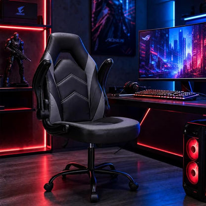 Sweetcrispy Computer Video Game Desk Chair: Ergonomic Comfy Lumbar Support, PU Leather with Flip-up Armrest, Height Adjustable and 360° Swivel, for Adults, Black Grey