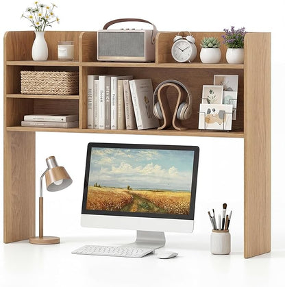 LDAILY 3-Tier Desktop Bookshelf, Wooden Desk Hutch for Computer Monitor Up to 32 Inch, Desk Organizer Shelf with Adjustable Shelf & 6 Storage Shelves, Desk Display Rack for Home Office Dorm (Natural)