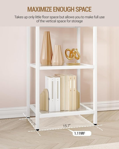 Hzuaneri Bookcase Bookshelf, Tempered Glass Bookshelves, Slim Shelving Unit for Bedroom, Bathroom, Home Office, Steel Frame, 5 Tier White BC05099W