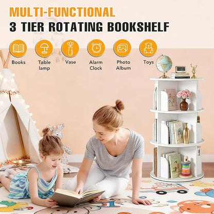 RUNSUNSPRI 3 Tier Rotating Bookshelf Tower Spinning Bookshelf Revolving 360°Bookcase Storage Round Carousel Vertical Rotate Turning Spiral Corner Organizer Lazy Susan White