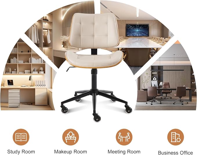 BV Armless Office Chair with Rubber Wheels, 360° Swivel Adjustable Task Chair, PU Leather Rolling Desk Chair for Home Office, Study and Conference Room, Beige