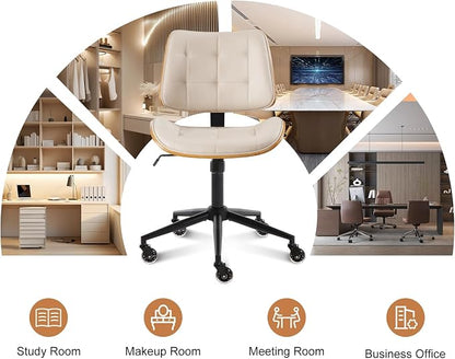 BV Armless Office Chair with Rubber Wheels, 360° Swivel Adjustable Task Chair, PU Leather Rolling Desk Chair for Home Office, Study and Conference Room, Beige