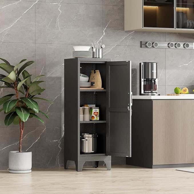 46"H Black Metal Locker with 1 Lockable Door and 2 Adjustable Shelves For Employees, 3 Tier Small Storage Cabinet with Detachable Legs and Vintage Handle for Kitchen,Office,Gym,School,Easy Assembly