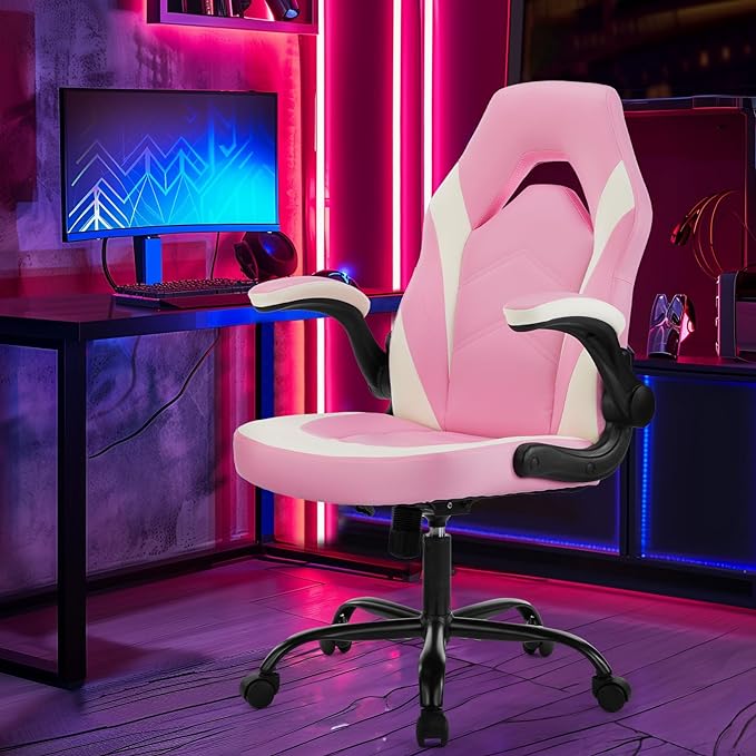 Sweetcrispy Computer Video Game Desk Chair: Ergonomic Comfy Lumbar Support, PU Leather with Flip-up Armrest, Height Adjustable and 360° Swivel, for Adults, Pink