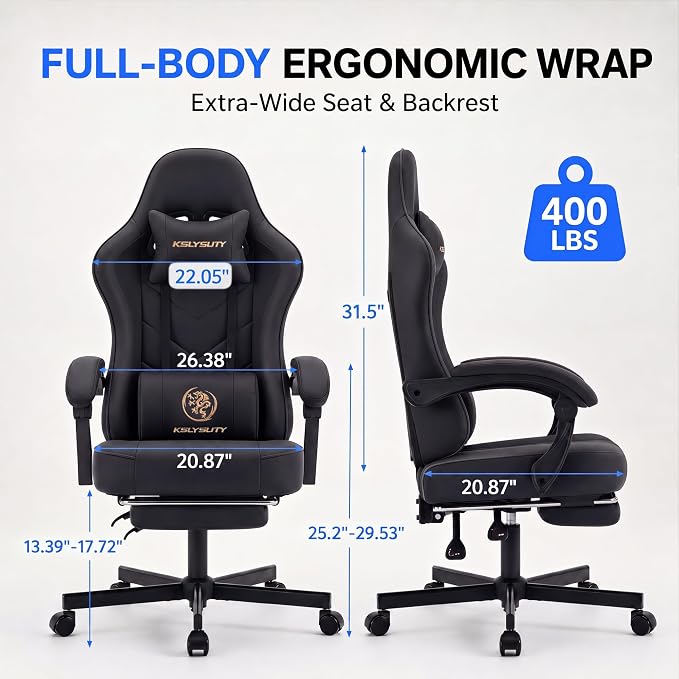 Desk Computer Gaming Chair - High Back Ergonomic Office Chair with Footrest and Lumbar Support, Swivel Comfy Home Gamer Video Game Chairs with Pocket Spring Cushion for Adults (Black Leather)