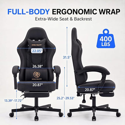 Desk Computer Gaming Chair - High Back Ergonomic Office Chair with Footrest and Lumbar Support, Swivel Comfy Home Gamer Video Game Chairs with Pocket Spring Cushion for Adults (Black Leather)