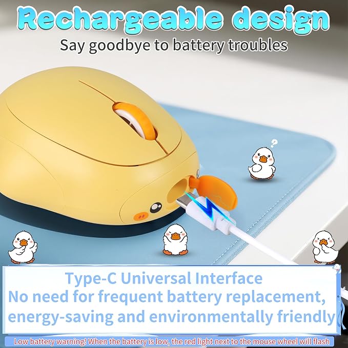 Cute Duck Bluetooth Wireless Mouse -Rechargeable,Dual Mode Connection, Silent Scroll Wheel, 1600 DPI - Perfect for Laptops, PCs, and Tablets (Yellow)
