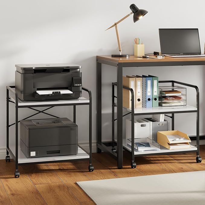 Printer Stand, 22''W X 20''D X 22.4''H 2 Tier Under Desk Printer Stand, 3D Large Printer Table with Height Adjustable Shelf, Rolling Printer Cart with Wheels for Home Office Organization, White