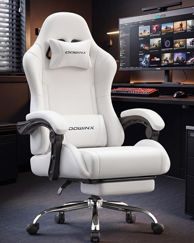 Dowinx Ergonomic Gaming Chair with Footrest & Massage Lumbar, 2D-Linkage Armrests for Computer Chair 330lbs with Headrest Pillow for Office, Home, Streaming and Long Gaming Sessions, Fabric Pure White