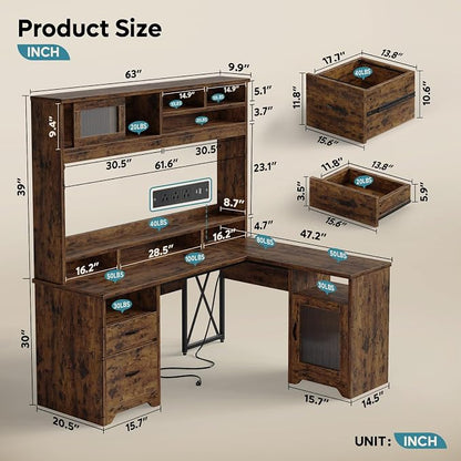 Bestier Farmhouse 63" L Shaped Desk with Hutch, Wood Computer Desk with Drawers, Charging Station, LED Light, Fluted Sliding Door Cabinet, Monitor Stand, Executive Desk for Home Office, Rustic Brown
