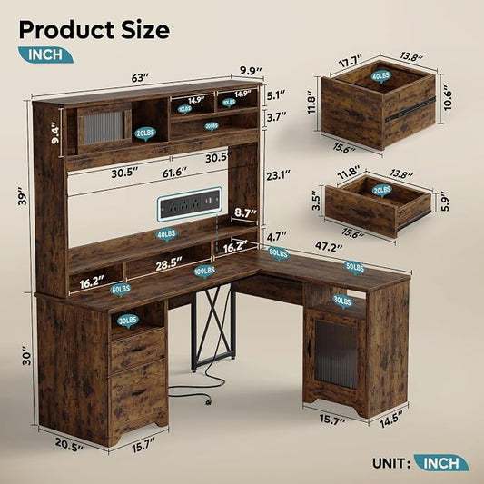 Bestier Farmhouse 63" L Shaped Desk with Hutch, Wood Computer Desk with Drawers, Charging Station, LED Light, Fluted Sliding Door Cabinet, Monitor Stand, Executive Desk for Home Office, Rustic Brown
