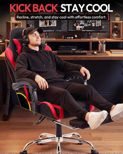 Dowinx Ergonomic Gaming Chair with Footrest & Massage Lumbar, 2D-Linkage Armrests for Computer Chair 330lbs with Headrest Pillow for Office, Home, Streaming and Long Gaming Sessions, Fabric Dark Red