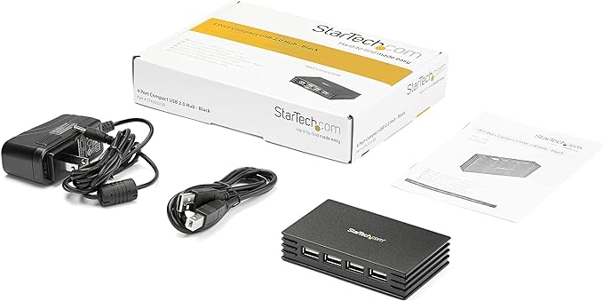 StarTech.com 4 Port Compact Black USB 2.0 Hub - Bus-powered or with Included Power Adapter - Portable Mac/PC laptop hub, TAA (ST4202USB)