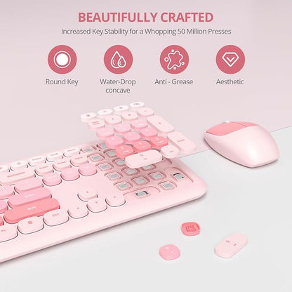 Surmen Cute Pink Keyboard and Mouse Wireless Silent, Full-Size Retro Typewriter Wireless Quiet Slim Keyboard Low-Noise 2.4GHz for Computer, Desktop, Laptop(6-Diary Pink)