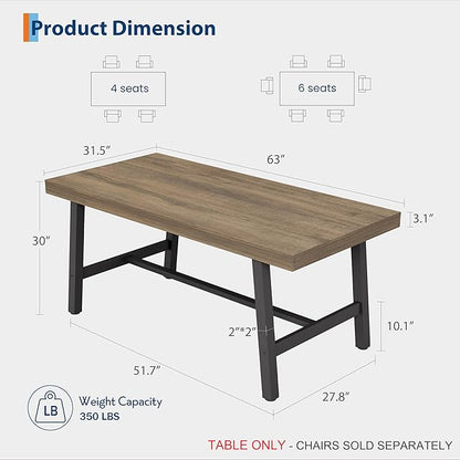 GarveeHome Industrial Dining Table for 4-6 People, 63" Long Kitchen Table with Sturdy Metal Frame, Rectangular Counter for Dinner, Kitchen, Dining Room (Rustic Pear, 63" Non-extendable)