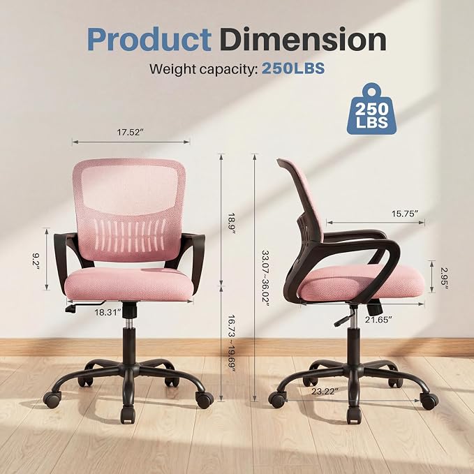 DUMOS Home Office Computer Chair - Ergonomic Mid Back Desk with Lumbar Support and Rocking Mode, Height Adjustable with Fixed Armrest, for Conference Meeting Room, 360° Swivel, Adults, Pink