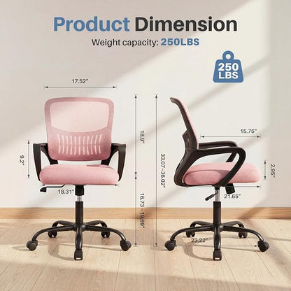 DUMOS Home Office Computer Chair - Ergonomic Mid Back Desk with Lumbar Support and Rocking Mode, Height Adjustable with Fixed Armrest, for Conference Meeting Room, 360° Swivel, Adults, Pink
