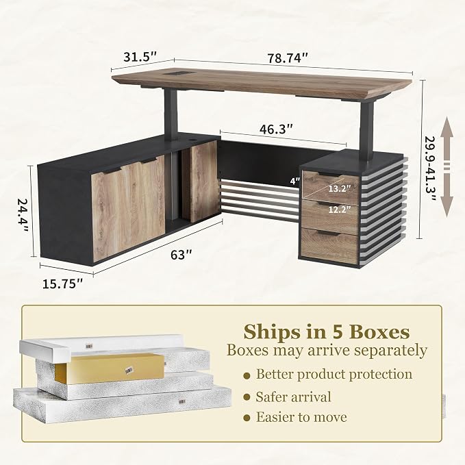 SAINTCY 78.74In L Shaped Executive Standing Desk with Drawers, Large Modern Adjustable Heigh Home Office Desk w/Universal Charging Ports, Business Workstation, Black and Warm Oak
