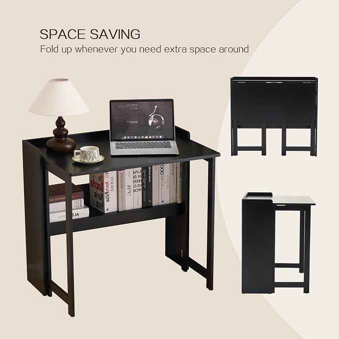 Foldable Desk，Folding Table with Storage Shelf,32.6 Inch Fold Out Computer Desk for Small Spaces,Writing Desk for Bedroom Home Office Dorm and Apartment (Black)